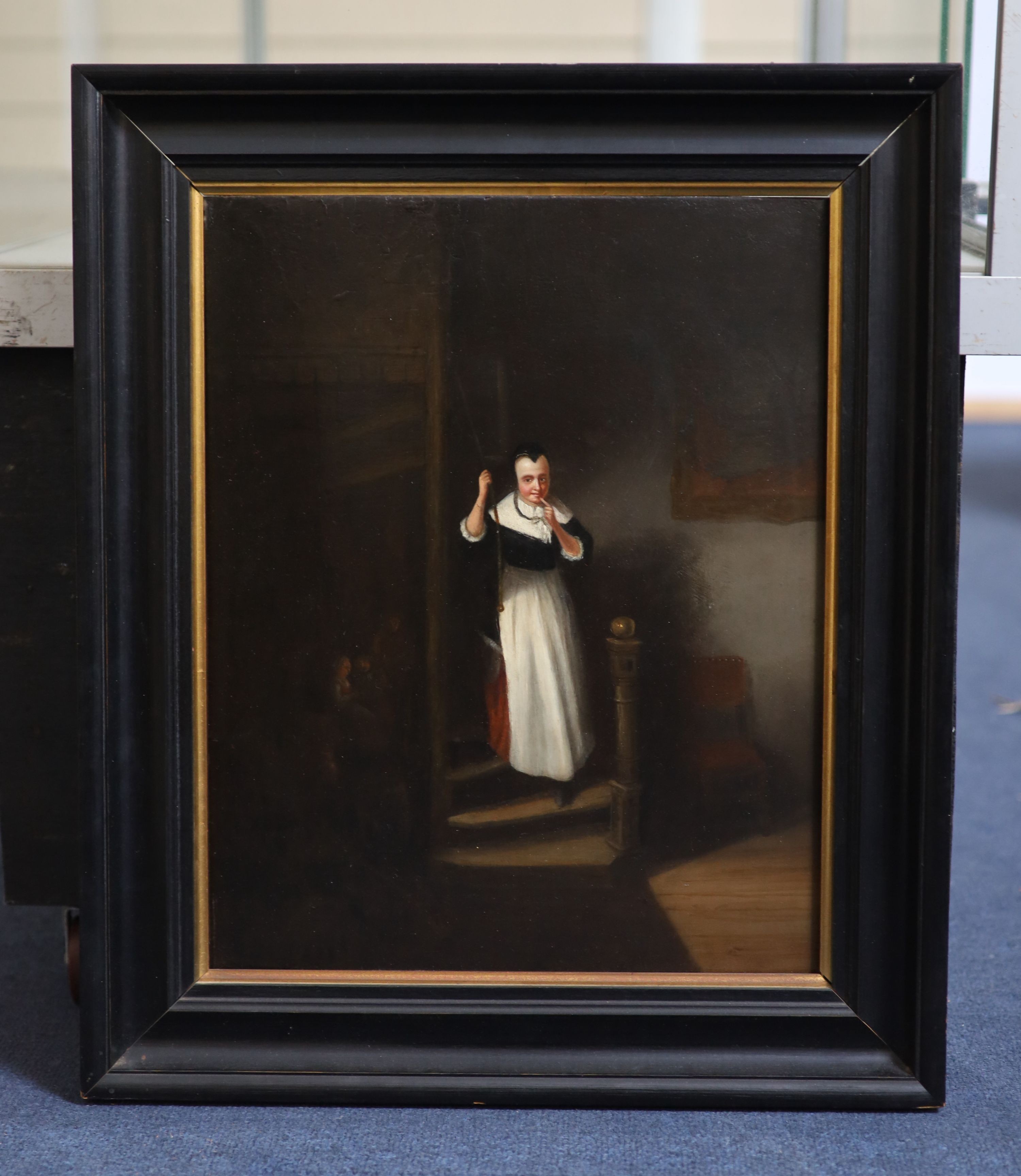 Manner of Van Mieris (17th C.), oil on wooden panel, woman on a staircase, 39 x 31cm.